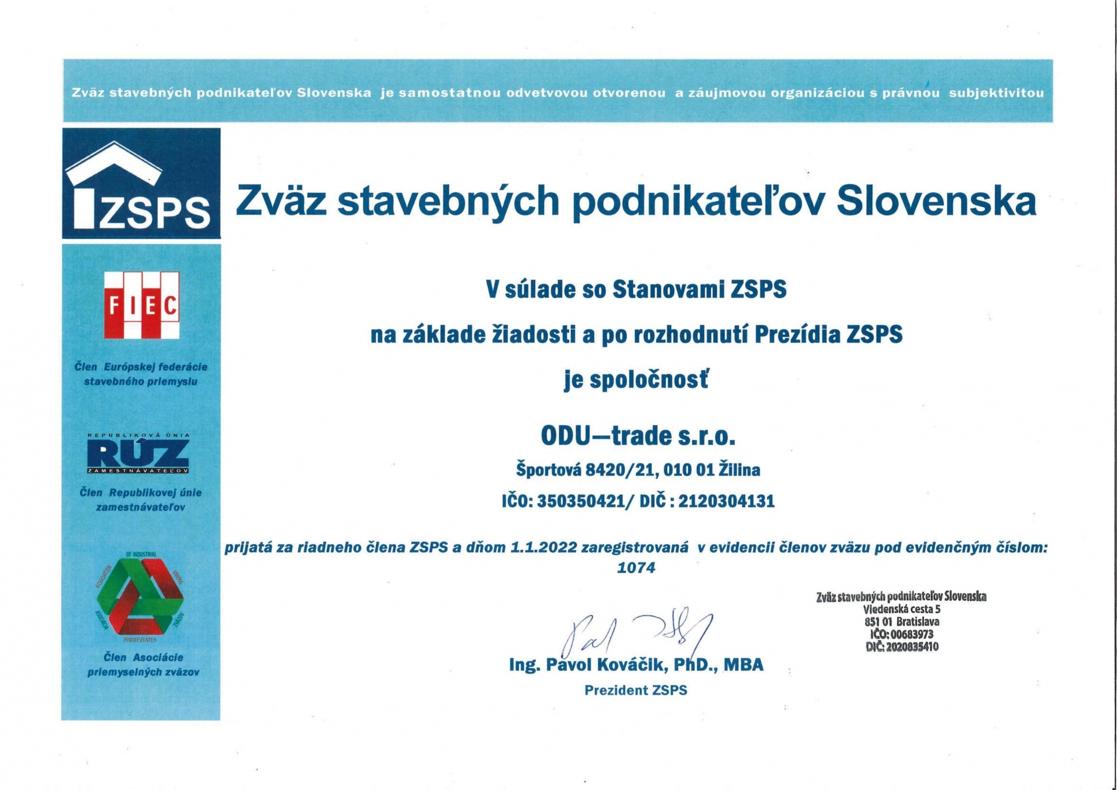 Stali sme sa členom Zväzu stavebných podnikateľov Slovenska